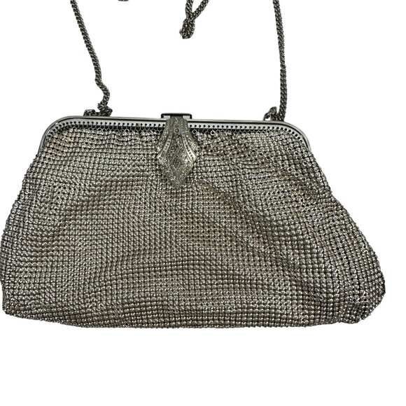Whiting And Davis Silver Tone Mesh Evening Purse Rhinestone Clasp Chain Strap - Picture 2 of 7